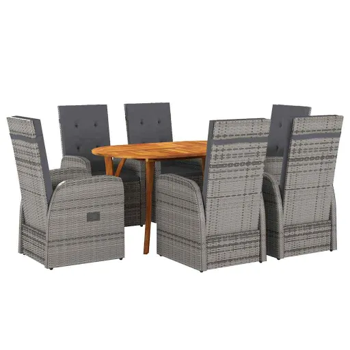 Conjunto de Jantar de 7 Peças com Almofadas Cinzento Rattan Sintético Acácia