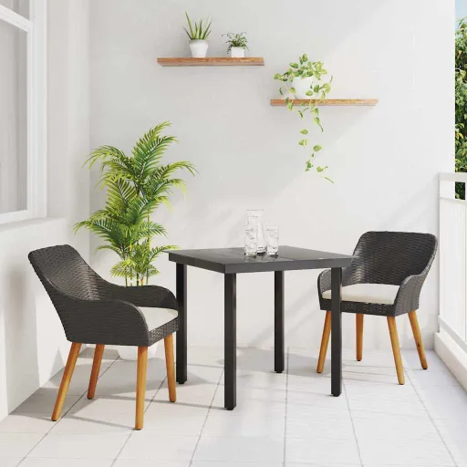 Conjunto de Jantar para Jardim com Almofada   Preto Vime PE (3 pcs)
