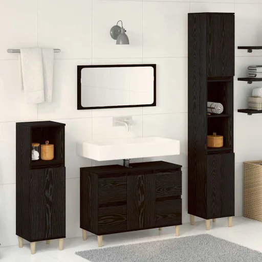 Conjunto de Móveis para Banheiro com Porta   Carvalho Preto (3 pcs)