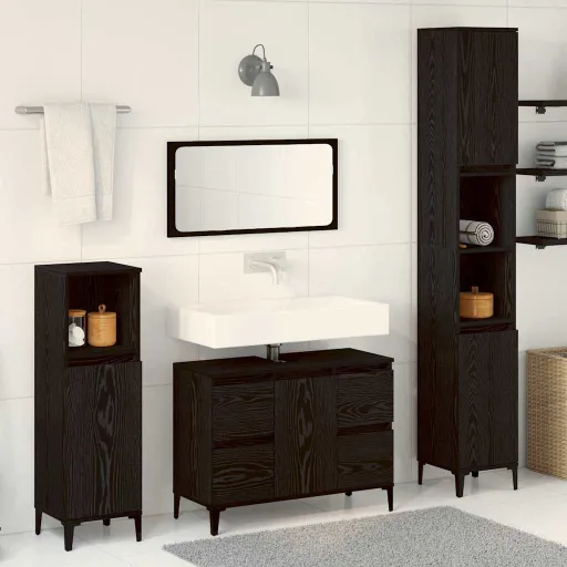 Conjunto de Móveis para Banheiro com Porta   Carvalho Preto (3 pcs)