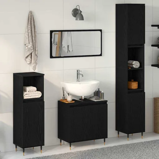 Conjunto de Móveis para Banheiro com Porta   Carvalho Preto (3 pcs)