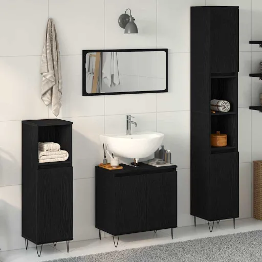 Conjunto de Móveis para Banheiro com Porta   Carvalho Preto (3 pcs)