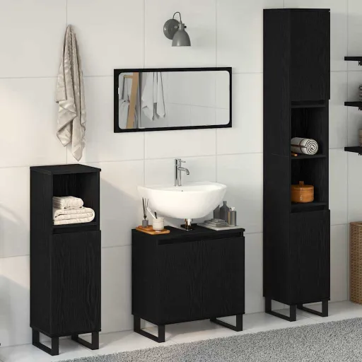 Conjunto de Móveis para Banheiro com Porta   Carvalho Preto (3 pcs)