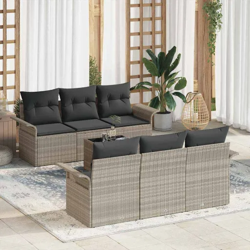 Conjunto de Sofá de Jardim   Cinzento-Claro Vime PE (7 pcs)