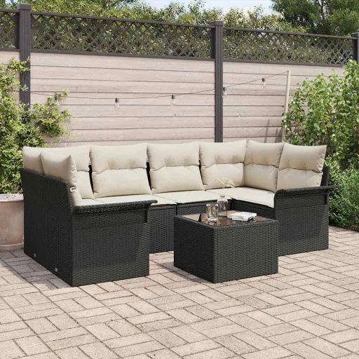 Conjunto de Sofá de Jardim com Almofada   Preto Vime PE (7 pcs)