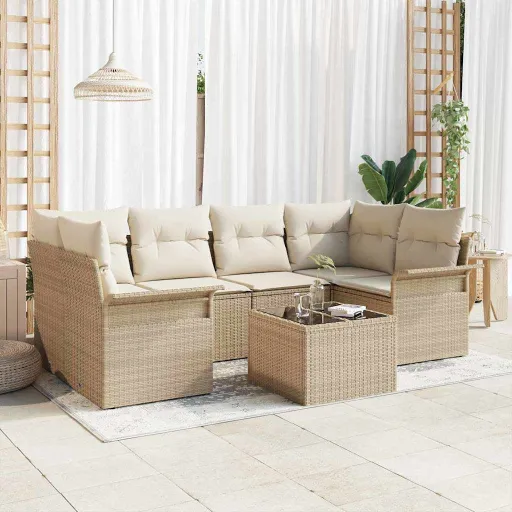 Conjunto de Sofá de Jardim   Bege Rattan Sintético (7 pcs)