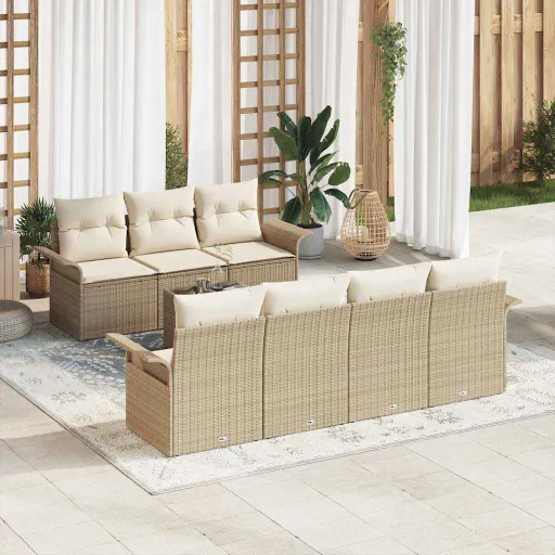 Conjunto de Sofá de Jardim com Almofada   Bege Vime PE (8 pcs)