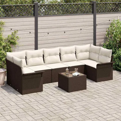 Conjunto de Sofá de Jardim com Almofada   Castanho Vime PE (8 pcs)