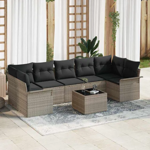 Conjunto de Sofá de Jardim   Cinzento-Claro Vime PE (8 pcs)