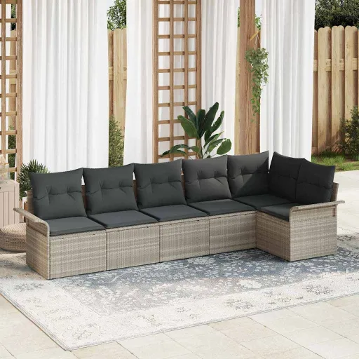 Conjunto de Sofá de Jardim   Cinzento-Claro Vime PE (6 pcs)