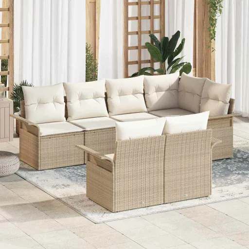 Conjunto de Sofá de Jardim com Almofada   Bege Vime PE (7 pcs)