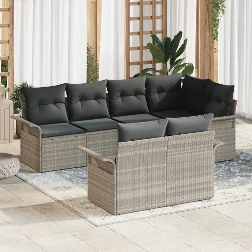 Conjunto de Sofá de Jardim   Cinzento-Claro Vime PE (7 pcs)