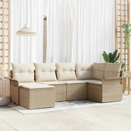 Conjunto de Sofá de Jardim com Almofada   Bege Vime PE (6 pcs)