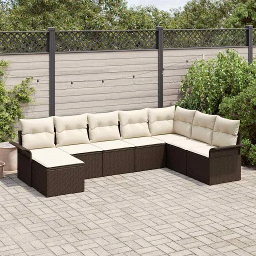 Conjunto de Sofá de Jardim com Almofada   Castanho Vime PE (8 pcs)