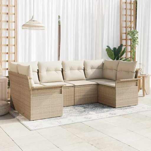 Conjunto de Sofá de Jardim com Almofada   Bege Vime PE (6 pcs)