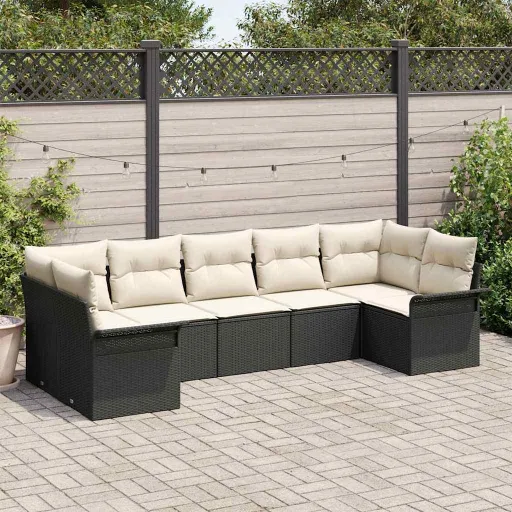 Conjunto de Sofá de Jardim com Almofada   Preto Vime PE (7 pcs)