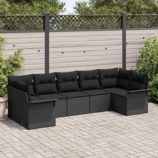 Conjunto de Sofá de Jardim com Almofada   Preto Vime PE (7 pcs)