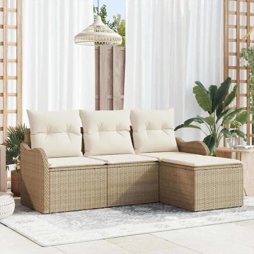Conjunto de Sofá de Jardim com Almofada   Bege Vime PE (4 pcs)