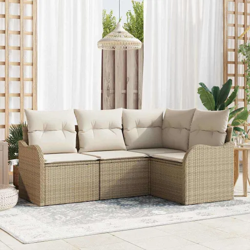 Conjunto de Sofá de Jardim   Bege Vime PE (4 pcs)