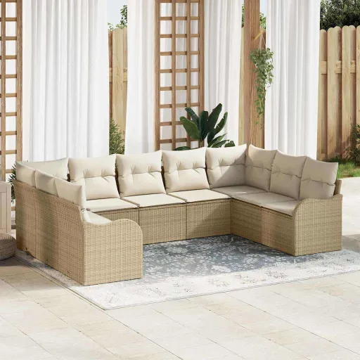 Conjunto de Sofá de Jardim   Bege Vime PE (9 pcs)