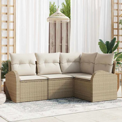 Conjunto de Sofá de Jardim   Bege Vime PE (4 pcs)