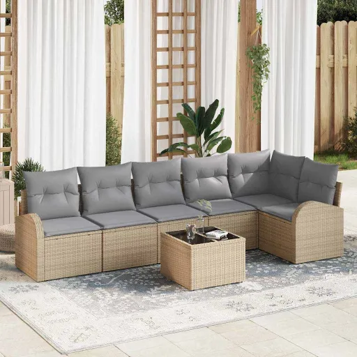 Conjunto de Sofá de Jardim   Bege Rattan Sintético (7 pcs)
