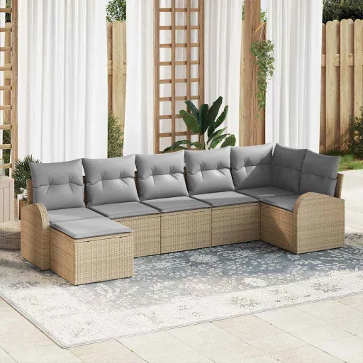 Conjunto de Sofá de Jardim   Bege Rattan Sintético (7 pcs)
