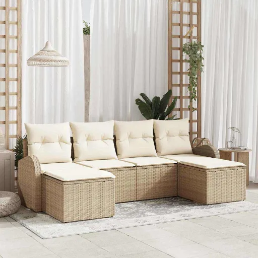 Conjunto de Sofá de Jardim   Bege Rattan de Polipropileno (6 pcs)