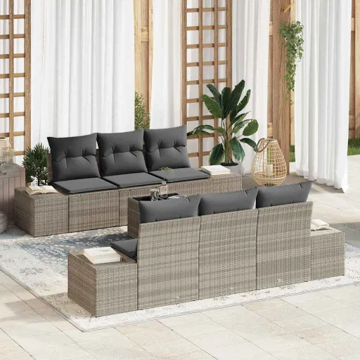 Conjunto de Sofá de Jardim   Cinzento-Claro Vime PE (7 pcs)