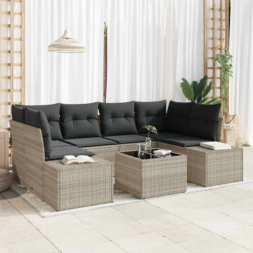Conjunto de Sofá de Jardim   Cinzento-Claro Vime PE (7 pcs)