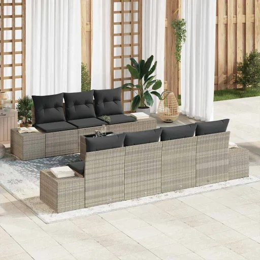 Conjunto de Sofá de Jardim   Cinzento-Claro Vime PE (8 pcs)