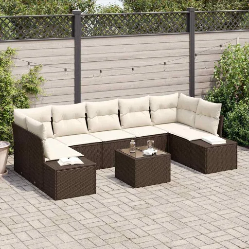 Conjunto de Sofá de Jardim com Almofada   Castanho Vime PE (8 pcs)