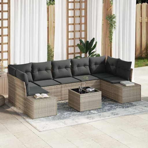 Conjunto de Sofá de Jardim   Cinzento-Claro Vime PE (8 pcs)