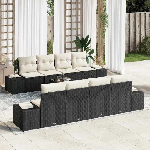 Conjunto de Sofá de Jardim Manual   Preto e Creme Vime PE (7 pcs)