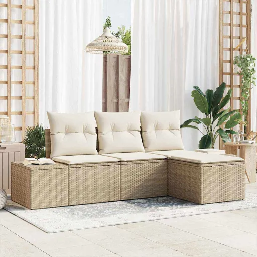 Conjunto de Sofá de Jardim com Almofada   Bege Vime PE (4 pcs)