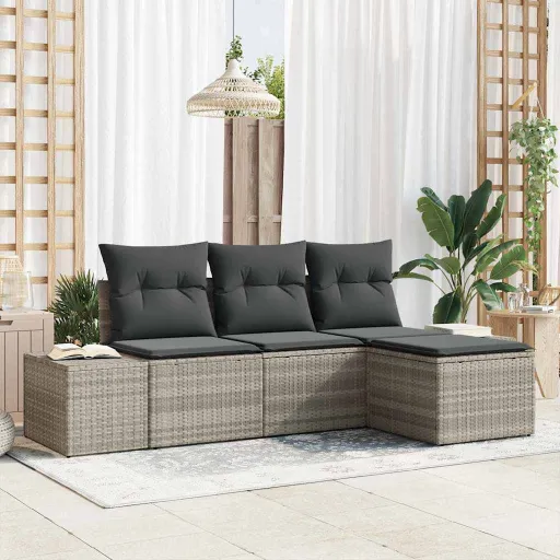 Conjunto de Sofá de Jardim   Cinzento-Claro Vime PE (4 pcs)