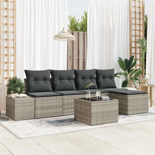 Conjunto de Sofá de Jardim   Cinzento-Claro Vime PE (6 pcs)