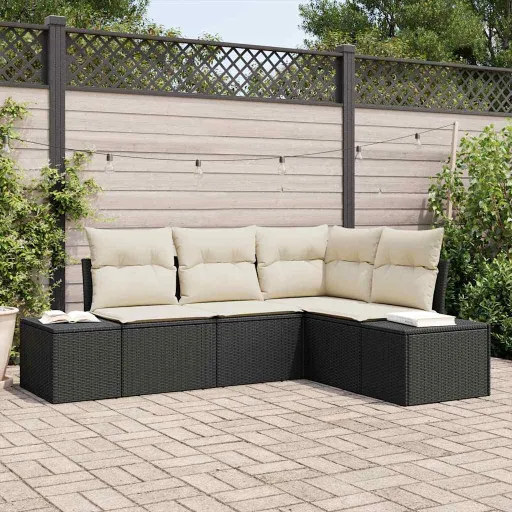 Conjunto de Sofá de Jardim   Preto Vime PE (4 pcs)