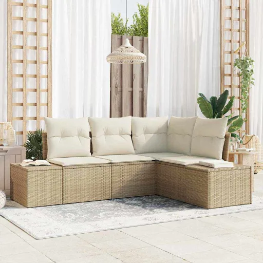 Conjunto de Sofá de Jardim   Bege Vime PE (4 pcs)