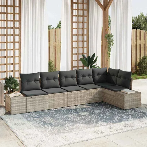 Conjunto de Sofá de Jardim   Cinzento-Claro Vime PE (6 pcs)