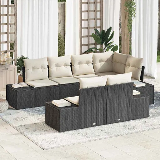 Conjunto de Sofá de Jardim   Preto e Creme Vime PE (7 pcs)