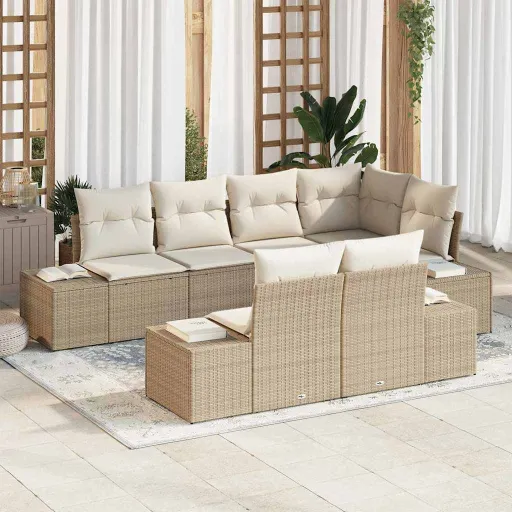 Conjunto de Sofá de Jardim   Bege e Creme Vime PE (7 pcs)