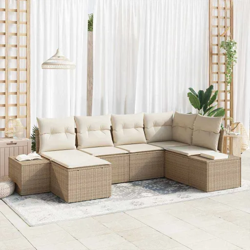 Conjunto de Sofá de Jardim   Bege e Creme Vime PE (6 pcs)