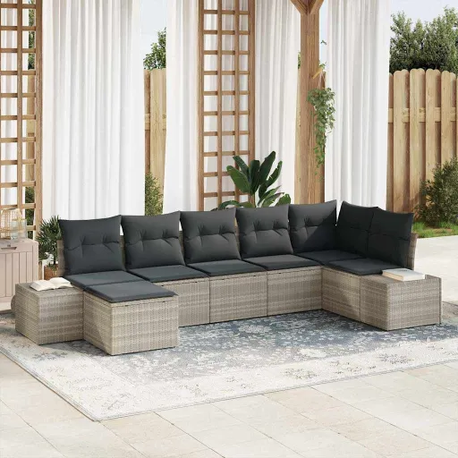 Conjunto de Sofá de Jardim   Cinzento-Claro Vime PE (7 pcs)