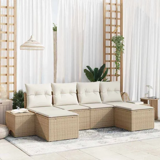 Conjunto de Sofá de Jardim com Almofada   Bege Vime PE (6 pcs)