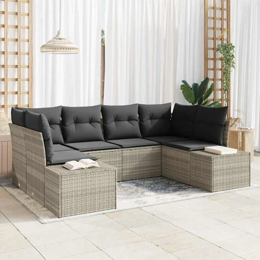 Conjunto de Sofá de Jardim   Cinzento-Claro Vime PE (6 pcs)