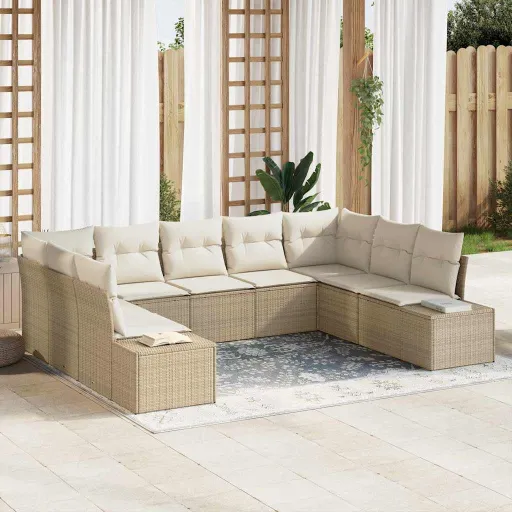 Conjunto de Sofá de Jardim com Almofada   Bege Vime PE (9 pcs)