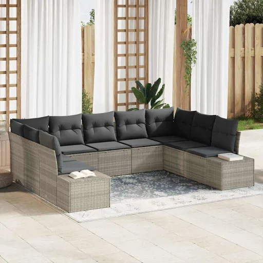 Conjunto de Sofá de Jardim   Cinzento-Claro Vime PE (9 pcs)