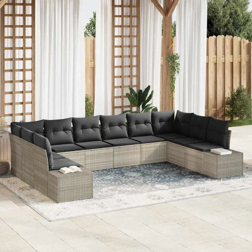 Conjunto de Sofá de Jardim   Cinzento-Claro Vime PE (10 pcs)
