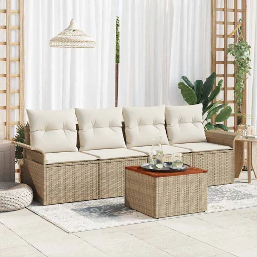 Conjunto de Sofá de Jardim com Almofada   Bege Vime PE (5 pcs)
